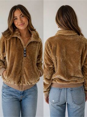 UGG Faux Fur Zip Jacket Tan Cozy Plush Bomber Large